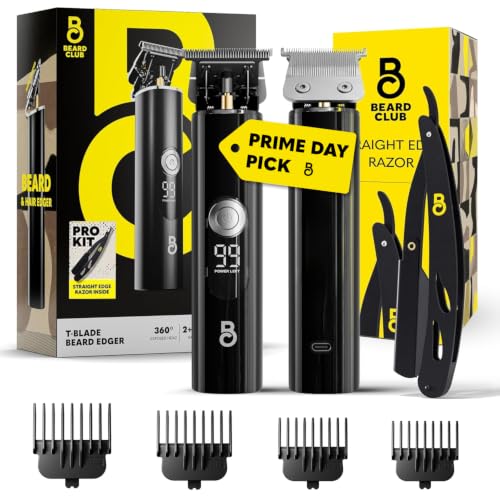 The Beard Club Professional T-Blade Beard Trimmer for Men with Straight Razor - Barber Electric Shaver & Hair Clippers for Men – Zero Gapped Cordless Hair Trimmer & Edger, Line Up Grooming Kit