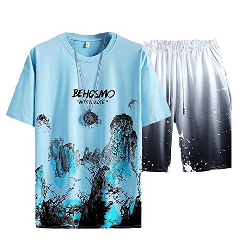 Ensemble t-shirt et short Harajuku décontracté vêtement d'été bleu pour homme taille S NFZ87