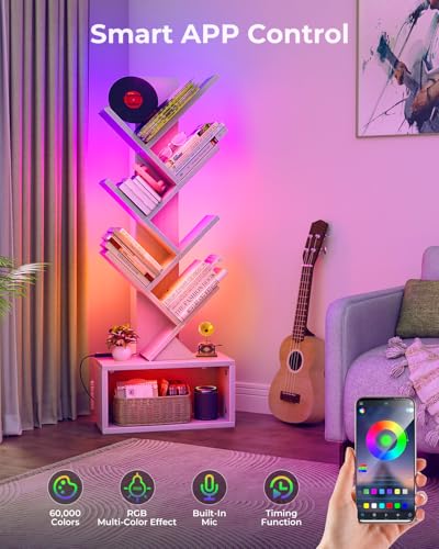 Image of Evermagin 6 Tier Tree Bookshelf with Lights, LED Book Tree Bookcase with Storage Organizer, Small Corner Bookshelf Floor Standing Book Shelf for Living Room, Bedroom & Home Office, White