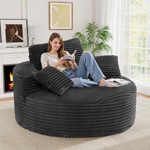 Luxanimarion 55''W 3.5CM Corduroy Single Foam Sofa, Oversized Round Chair with Pillows, Modern Sleeper for Living Rooms, Lounges, Nurseries and Projection Rooms, Wide-Arm Lounge Chair Armchair, Black