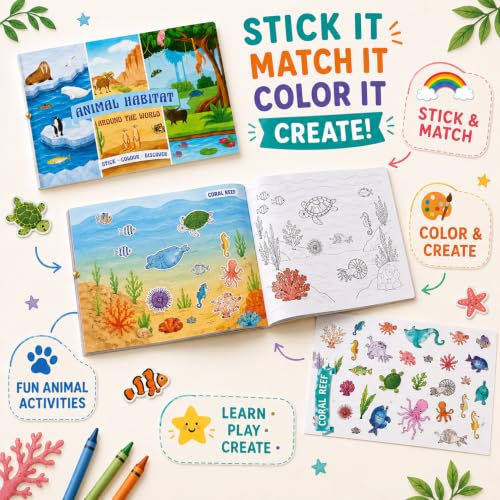 Image of Animal Habitat 500+ Kids Sticker & Coloring Activity Book, 12 Animal Scenes & 12 Coloring Pages, Stick Match Colour & Discover, A5 Landscape Travel Activity Book for Ages 2-8 Years