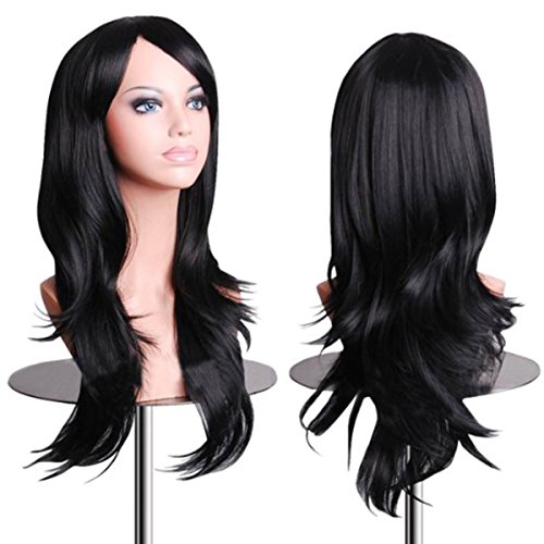 XVbond Women's Wig 28" Fluffy Curly Wavy Hair Wigs for Girl Heat Friendly Synthetic Cosplay Halloween Party Wigs with Wig Cap (Black)