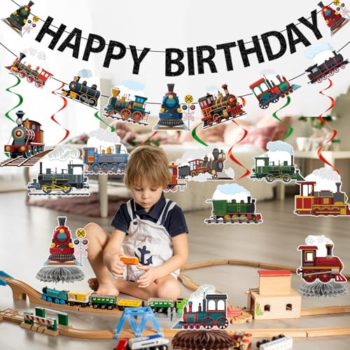 Image of Train Birthday Party Decorations - 13PCS Vintage Train Birthday Decorations Glitter Banners Hanging Swirls Honeycomb Centerpieces Retro Transportation Railroad Crossing Party Supplies Decor