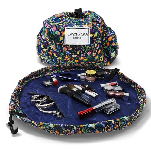 Lay-n-Go Cosmo Drawstring Cosmetic & Makeup Bag Organizer - Portable Drawstring Makeup Bag w/Zipper Pocket, Loops & More -Durable, Machine Washable Makeup Bag for Travel (20”, Butterfly Small Floral)
