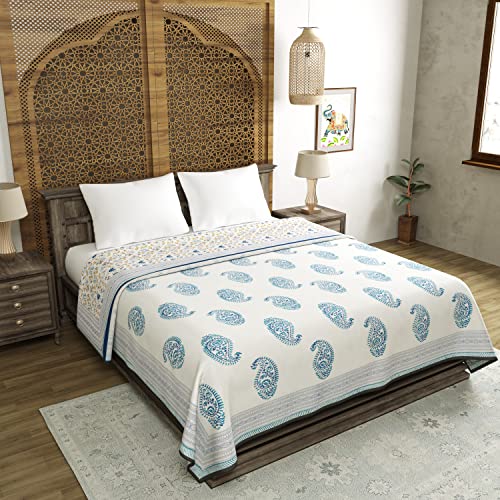 Image of BLOCKS OF INDIA 100% Cotton Dohar King Size Reversible Hand Block Printed Malmal Summer Dohar /Blanket (Blue Jaal)
