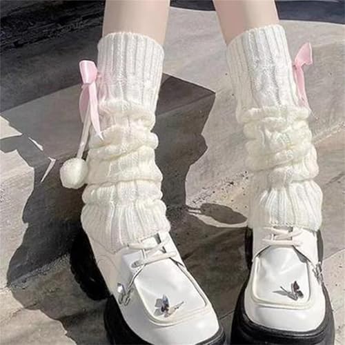 Image of Lolita Knit Leg Warmers Ribbon Bow Knot Japanese Cable Knit Footless Boot Socks Kawaii Leg Sleeves
