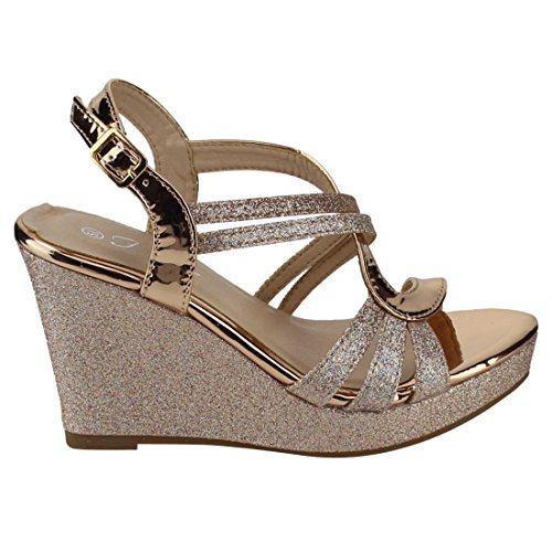 Forever Fq22 Women's Glitter Strappy Wrapped Wedge Heel Platform Sandals, Color Rose Gold, Size:9 #TOP2