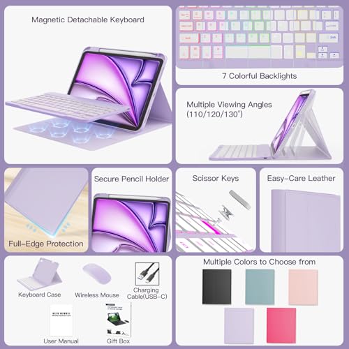 Image of RAYMCRAFT for iPad Air 11-inch Case with Keyboard M4 /M3 /M2 (2026 /2025 /2024), Mouse and Detachable Wireless Keyboard Combo for iPad Air 5th /4th 10.9-inch, 7-Color Backlight with Pencil Holder, Purple