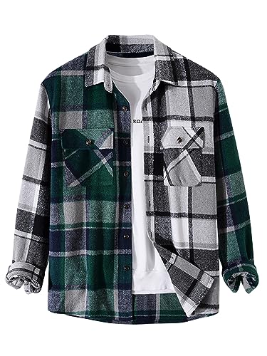 Image of ZAFUL Unisex Plaid Flannel Shirt Jacket Button Down Long Sleeve Pocket Coat Outwear | Mens Fall Clothes Lightweight Long Sleeve Button Down Flap Pocket Jacket Tops for Fall&Winter 2026