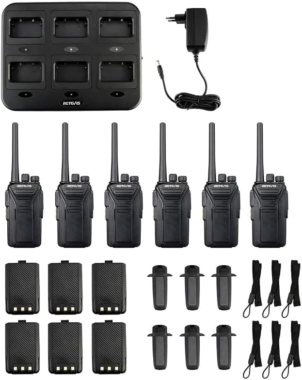 Full kit contents of Retevis RT27 walkie-talkies, 6-way charger, batteries, belt clips, and hand straps.