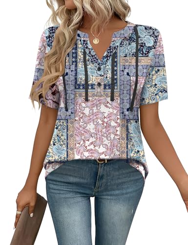 IECCP Oberteile Damen Bluse Elegant Tunika Kurzarm T-Shirt Sommer Blusen & Tuniken Lässig Sommerbluse Tshirt Boho L