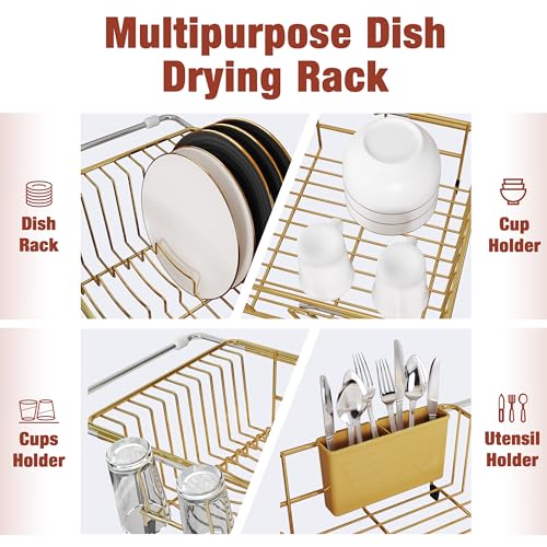 Image of JASIWAY Gold Dish Drying Rack in Sink, Dish Drainer with Utensil Holder