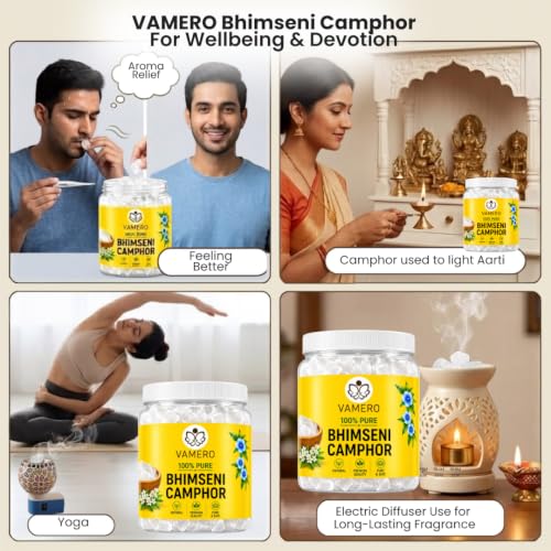 Image of VAMERO Pure Bhimseni Camphor Kapoor Jar (200g) - Pack of 1, Purifying & Pleasant Fragrance for Pooja, Hawan, Air Freshener, Meditation, Diwali Lights, Diffuser - 200 Grams