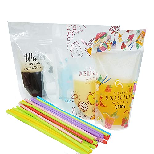 U/B 30 Pcs Drink Pouches Bag With Straws Smoothie Bags Juice Pouches Heavy Duty Hand-Held Translucent Reclosable Stand-Up Plastic Pouches Bags Drinking Bags 2.4Inch Bottom Gusset With 30Pcs Straws cover