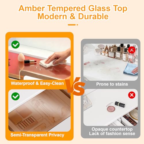 Image of Makeup Vanity Desk with LED Mirror & RGB Lights, Glass Top Vanity Table for Women, Adjustable Brightness & 3 Color Modes, 2 Drawers Storage, White Modern Bedroom Vanity Set