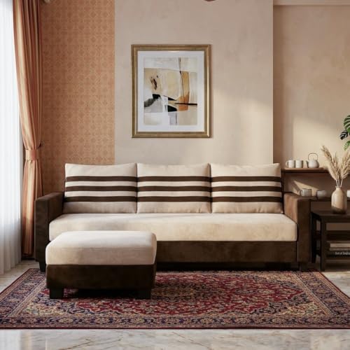Image of Cavina 4 Seater L Shape Sofa Set with Movable Ottoman | Flexible Left or Right Layout | Luxury Velvet Suede Fabric | Modern Living Room Sofa | Dark Brown-Cream