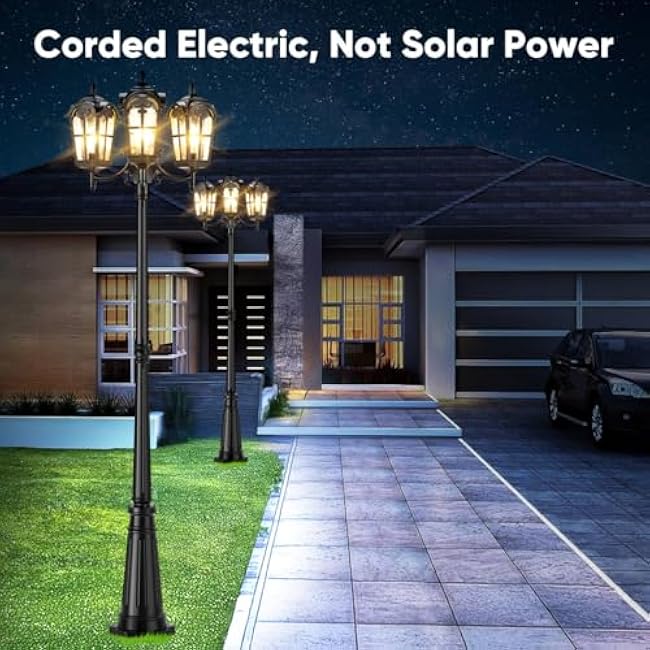 Dusk to Dawn Outdoor Post Lights, Black 3-Head Aluminum Street Lamp Posts Outdoor Lighting, Waterproof Hardwired Lamp Post Light Fixture with Water Glass Shades for Backyard (Bulb not Included)