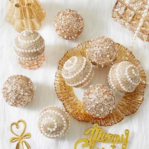 Champagne Gold Christmas Ball Ornaments,12ct Christmas Tree Shatterproof Plastic Hanging Sequin Xmas Balls for Festivals Holiday Party Decorations(70mm/2.76") - image 2