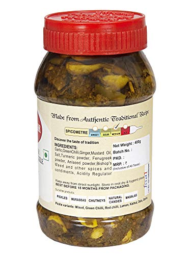 Image of LUCKNOW'S AROURA ACHAR SINCE 1944 Garlic Ginger Green Chilli Pickle 400g for Home Use Home Made With Love No Artificial Colors