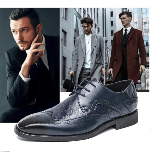 Men's Lace-Up Leather Oxford Dress Shoes with Pointed Toe and Brogue Detailing | Wingtip Design and Block Heel for Business Attire | Anti-Slip Rubber Sole for Comfort and Style2