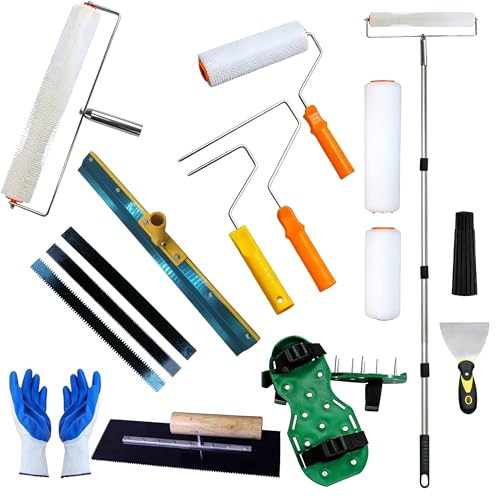 Self-Leveling Cement Tool Kit Professional Epoxy Flooring Leveling Set with Spiked Roller Spike Shoes Leveling Rake Trowel Scraper and Telescopic Extension Pole for Floor Repair