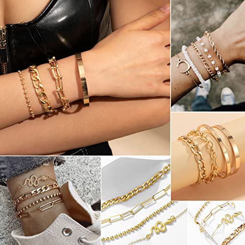 17IF 24-25 Pcs (6 Pack) 14K Gold Ankle Bracelets Set for Women Boho Stackable Bangles Cuff Charm Chunky Wrist Jewelry2