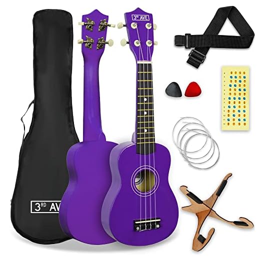 3rd Avenue Pack de ukulele soprano para principiantes de 21 pulgadas para principiantes – Con funda, soporte, correa, cuerdas, púas y marcadores adhesivos para el diapasón – Púrpura