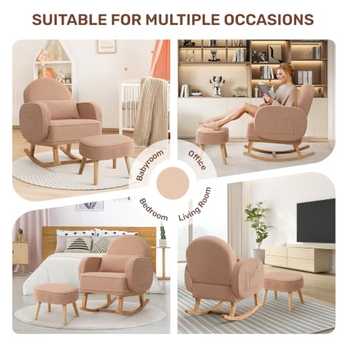 Image of HCHAIRH Rocking Nursing Chair with Ottoman, Upholstered Glider Rocker Armchair with Side Pocket and High Backrest, Comfy Reading Chair with Solid Wood Legs for Nursery, Living Room,Bedroom, Coffee