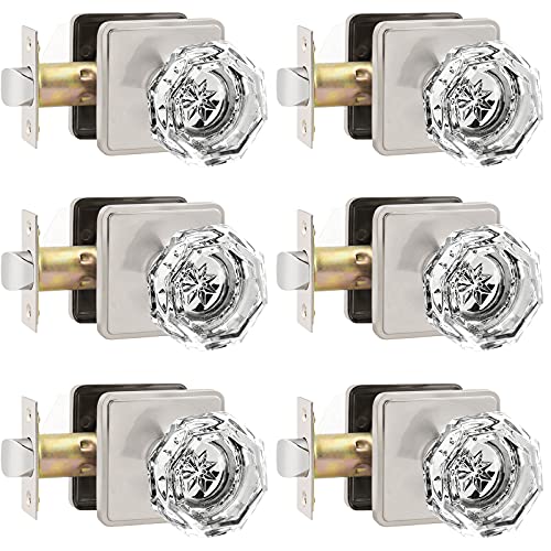 Orger Passage Glass Door Knob for Interior Hall and Closet, Clear Crystal Door Knobs in Satin Nickel Finish, Keyless Non-Locking Door Handles with Square Back Plate, 6 Pack