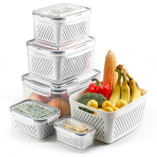 5 Set Fruit Storage Containers for Fridge with Colanders Dishwasher Safe, Leakproof Fruit and Vegetable Storage BPA-Free - Detailed View