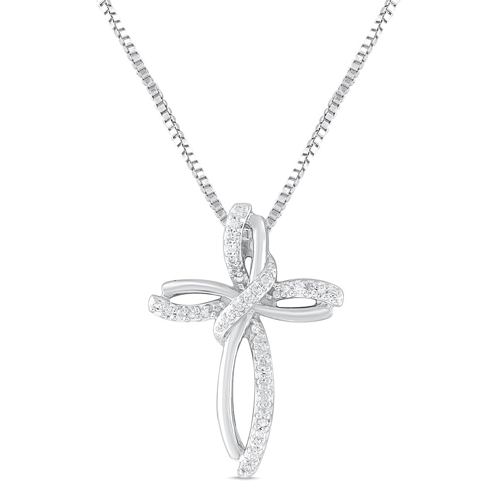 Diamond Cross Necklace 1/10 CTTW Natural Diamonds in Sterling Silver or Yellow Gold Plated Silver - 18 Inch Chain