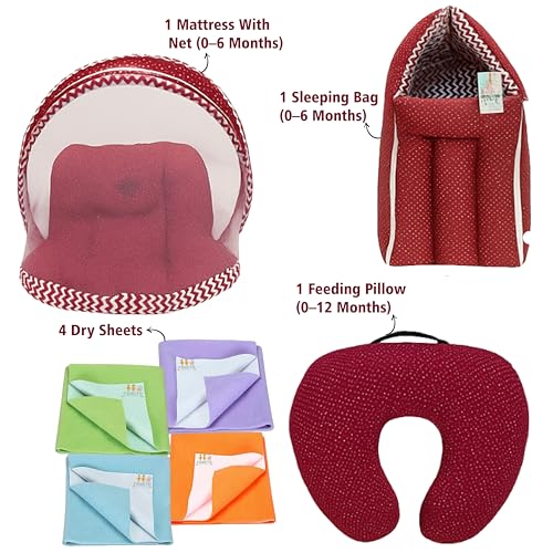 Image of Fareto Combo of Baby Bed with Net | Carry Bag | 4 Pcs Bedding Set (0-6 Months, Baby Size, Cotton) (Polka red)
