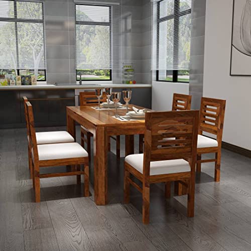 Image of Sheesham Wood 6 Seater Dining Table with Cushioned Chair for Living Room Home Dining Room Furniture Set (Honey)