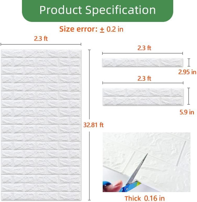 Miniatura 2 de Vzvegxt Paneles de pared 3D de longitud continua de 32.8 pies para despegar y pegar, papel tapiz de ladrillo de espuma blanca para dormitorio, panel