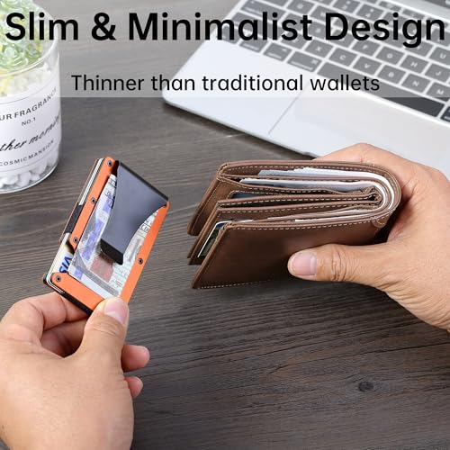 Image of Minimalist Wallet for Men, Slim Metal RFID Blocking Wallet Credit Card Holder Money Clip & Cash Strap, Scratch-Resistant Holds 15 Cards,Ideal Gift for Men | Matt Orange