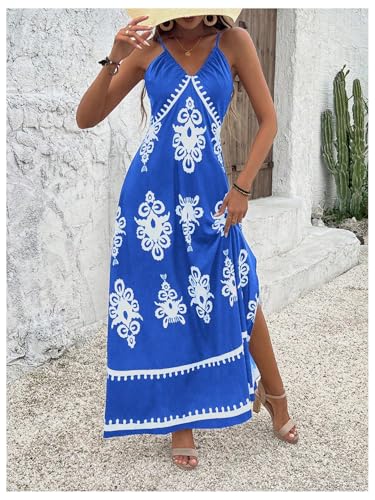 Image of Floerns Women's Boho Print V Neck Split Cami Dress Sleeveless Vacation A Line Maxi Dresses
