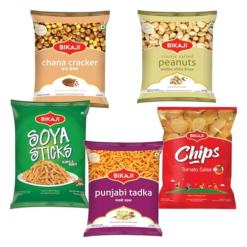 Bikaji Snacks Combo – PUNJABI TADKA & BIKAJI POTATO CHIPS TOMATO SALSA & ROASTED CHANA CRACKER & SOYA STICKS & SALTED PEANUT | 5 Pack Variety | Bar Snacks, Party Mix & Tea-Time Treats – 880g