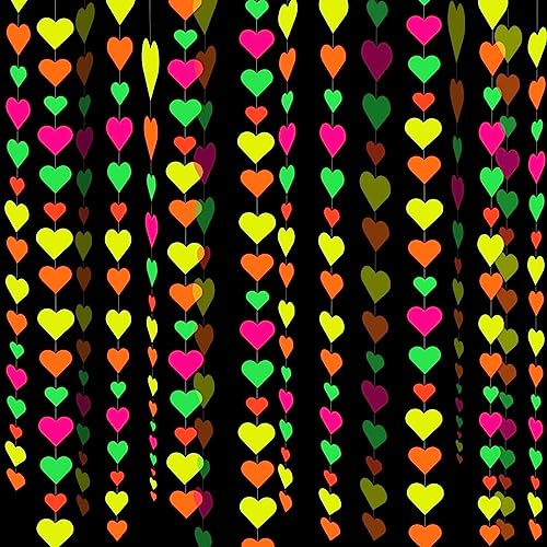 60Ft Neon Paper Love Heart Garland Colorful Hanging Paper Heart Streamer Glow In The Dark Birthday Party Photography Backdrops Black Light Party Favors #TOP26