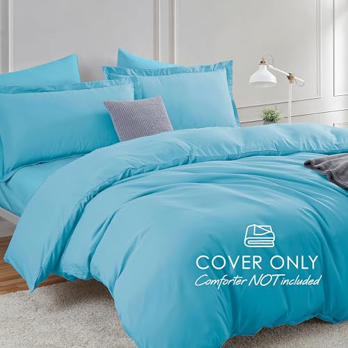 Image of Hearth & Harbor Bright Blue Duvet Cover with Fitted Sheet Full Size | 4 Piece Soft Double Brushed Bedding Set, Button Closure, 1 Duvet Cover 80x90 Inches, 1 Fitted Sheet, 2 Pillow Shams