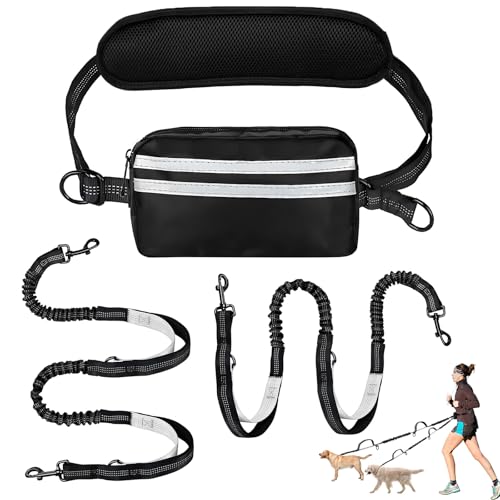 Moorstdel Joggingleine mit Bauchgurt für 2 Hunde,Verstellbar Übungsleine,Freihandleinen für Doppelter Hunde,mit Reflektierend Elastisch Laufleine und Dual Griffe zum Joggen und Walken