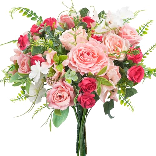 MHMJON Artificial Flowers Valentine's Day Decorations Silk Rose Bouquets with Hydrangea Faux Flowers Indoor Silk Floral Arrangements for Home Table Centerpieces Wedding Valentines Day Decor