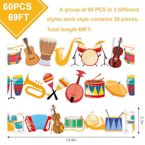 Whaline 69 Ft Music Instruments Bulletin Board Borders Guitar Violin Saxophone Drum Trumpet Adhesive Trim Border for Back to School Classroom Office Decoration