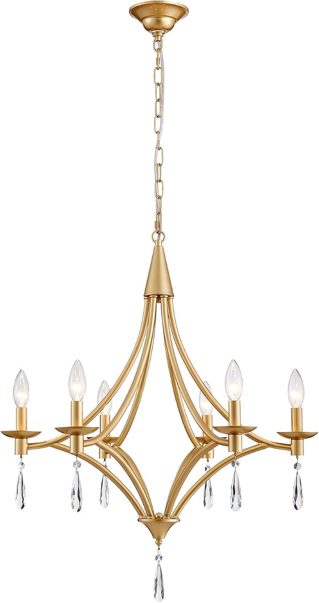 Modern Gold Chandelier, 6-Lights Crystal Chandeliers for Dining Room Light Fixture Hanging Pendant Light, Farmhouse Candle Chandelier for Bedroom Foyer Entryway Living Room Kitchen Bathroom, 22.6 inch