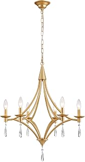 Modern Gold Chandelier, 6-Lights Crystal Chandeliers for Dining Room Light Fixture Hanging Pendant Light, Farmhouse Candle Chandelier for Bedroom Foyer Entryway Living Room Kitchen Bathroom, 22.6 inch