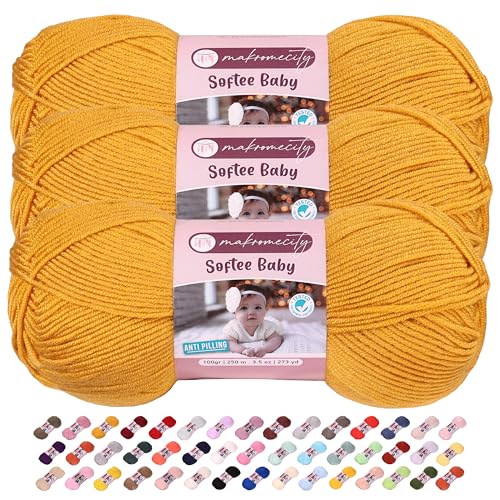 Image of Makromecity Softee Baby Yarn,%100 Premium Anti-Pilling Acrylic, 3.5 Oz, 273 yd (100gr /250 mt), Soft Yarn for Crocheting and Knitting (Mustard, 3 Skeins)