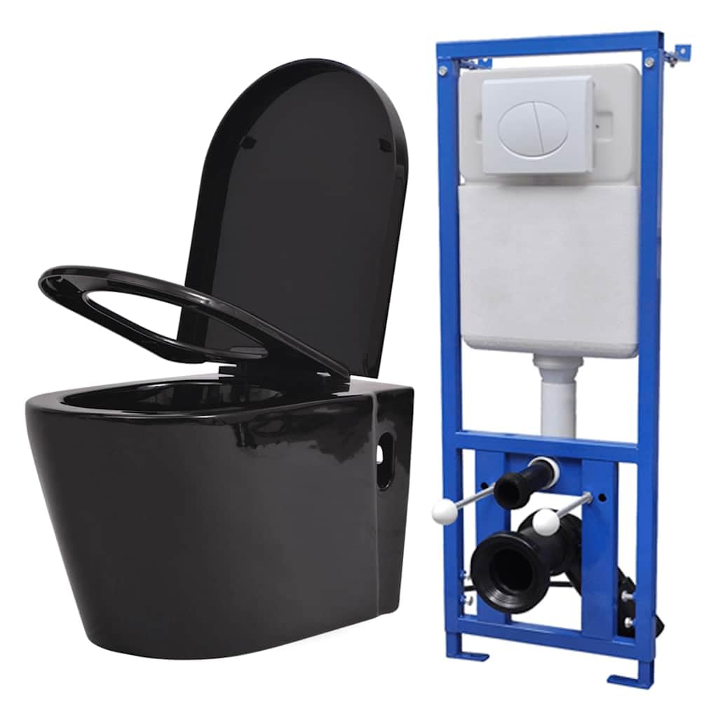 Inodoro de pared con cisterna empotrada, inodoro colgante de cerámica negra, asiento de cierre suave, función de ahorro de agua, diseño moderno