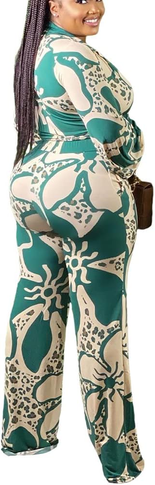 2 Piece Outfits for Women Sexy V Neck Print Shirts Tie Knot Batwing Blouses Crop Top Wide Leg Pants Set - Image 3