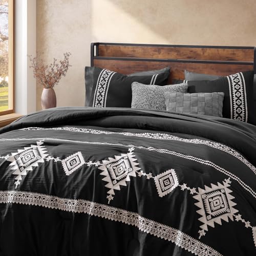 Image of MaiReve Embroidery Queen Comforter Set 7 Pieces Black Bed in a Bag