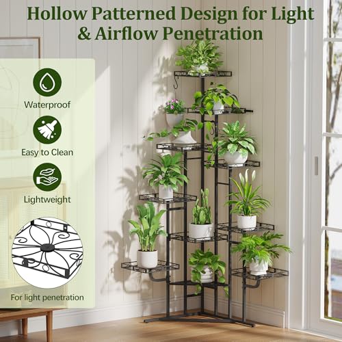 Image of Quikraen 58 inch Tall Plant Stand Indoor,Multiple Tiers Corner Plant Shelf for Corner,10-Tier Large Metal Flower Holder, Plant Rack for Home Decor, Patio (Black)