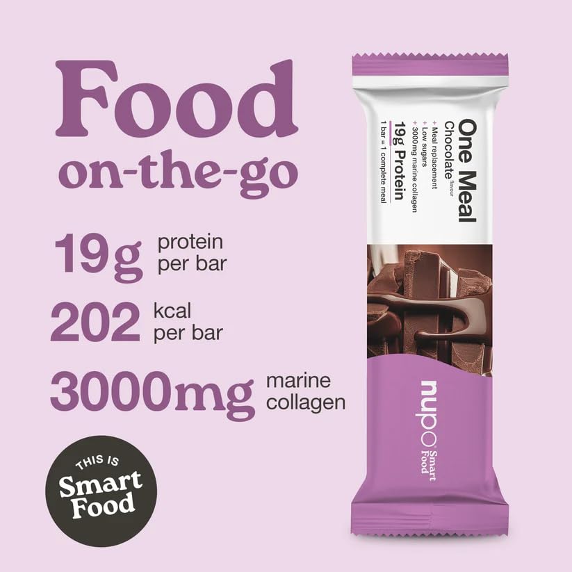 NUPO One Meal Bar – Cioccolato | Gustosa barretta sostitutiva per una dieta equilibrata | Aiuta con la perdita di peso | Ricco di proteine | Con 3000 mg di collagene | 24 vitamine e minerali | 15 x 60